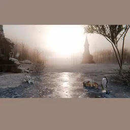 Foggy Winter Ruins Landscape