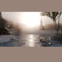 Foggy Winter Ruins Landscape