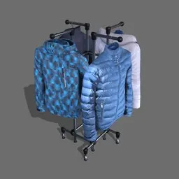 Realistic 3D modeled jackets on a hanger, rendered in Blender, suitable for virtual store set-ups.
