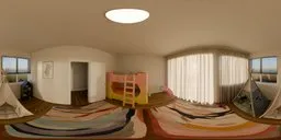 Spacious children's bedroom HDR with bunk bed, teepees, and colorful decorations for 3D scene lighting.