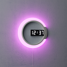 "Get a sleek and modern touch to your bedroom with this LED digital clock model for Blender 3D. The clock displays a purple light on a wall and features a design of pink, white, and turquoise colors. Download now for your next design project!"