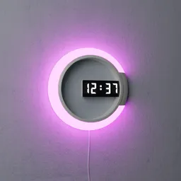 "Get a sleek and modern touch to your bedroom with this LED digital clock model for Blender 3D. The clock displays a purple light on a wall and features a design of pink, white, and turquoise colors. Download now for your next design project!"