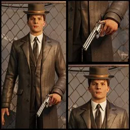 Detailed 3D model of a rigged male in mafia attire with a gun, designed for Blender, neutral expression, realistic textures.
