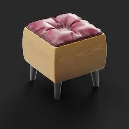 Detailed 3D render of a modern cushioned square chair with wooden sides and metal legs, suitable for Blender.