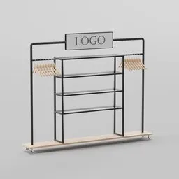 Detailed 3D model of a versatile retail clothes rack with customizable logo and glass shelving, designed for Blender.