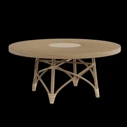 3D model of a rattan cocktail table with concentric circle design and antique brass accent in the center.
