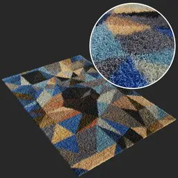 High-resolution 3D model of a modern, colorful, hairy carpet with customizable particle density, displayed in Blender 3D.