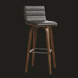 3D model of a walnut wood counter stool with brown faux leather, Mid-Century design, and swivel feature.