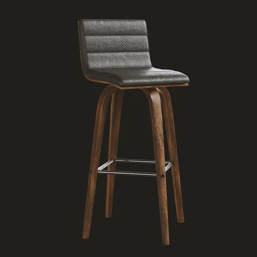 3D model of a walnut wood counter stool with brown faux leather, Mid-Century design, and swivel feature.