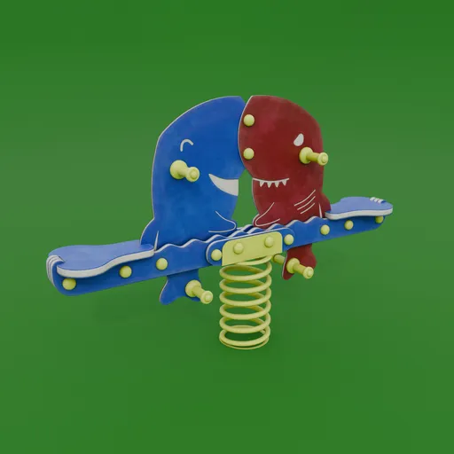 Lowpoly 3D spring rocker model with dual fish design, vibrant textures, and channel packing for Blender enthusiasts.
