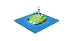 3D model of a stylized low poly lighthouse on an island with trees and boat, optimized for Blender CG visualizations.
