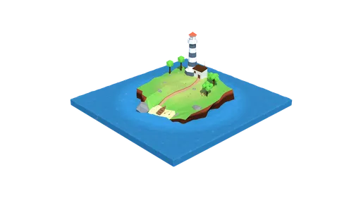 3D model of a stylized low poly lighthouse on an island with trees and boat, optimized for Blender CG visualizations.