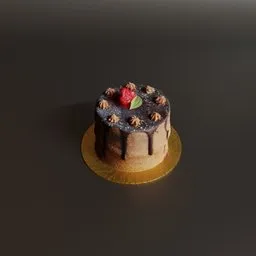 "Two servings of a small chocolate cake with a strawberry on top, 3D rendered using Vray in Blender 3D. High resolution product photo with soft blur lighting and a black background, perfect for sweets and dessert category. Photoscaned for realistic French features by Puru."