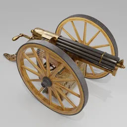 "30-cal Gatling Gun, a historic military 3D model for Blender 3D. The forerunner of the machine gun, developed by Richard Gatling in 1861, with a high rate of fire up to 400 rounds per minute. Reloading accomplished by rotating the barrel assembly, arranged around a pivot axis."