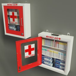 Red Blender 3D first aid cabinet model with detailed interior and medical supplies, suitable for various settings.