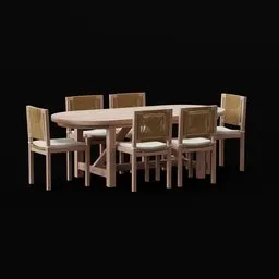 Realistic 3D model of a wooden dining set with padded rope details, compatible with Blender for visualization and rendering.