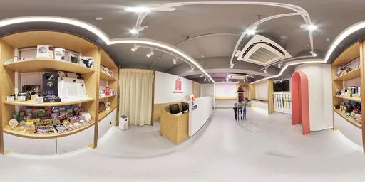 360-degree HDR panorama of a well-lit retail store interior with modern design, shelves, and counters at 4K resolution.