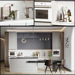 Modern 3D-rendered kitchen design with high-end appliances and chic lighting for creative professionals.