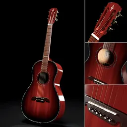 Realistic 3D model of a red acoustic Alvarez guitar with fine details and 4k textures, ideal for Blender artists and instrument animations.