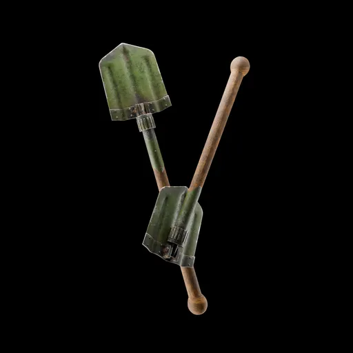 Realistic 3D rendering of a German folding shovel with wooden handle, suitable for historical and military use.