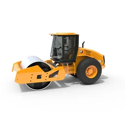 "Yellow Caterpillar CS12 GC construction vehicle, a high-quality 3D model for Blender 3D. Features a large wheel and offers advanced control for animations and industrial projects. Perfect for creating realistic scenes of road rollers and heavy machinery in Blender 3D."