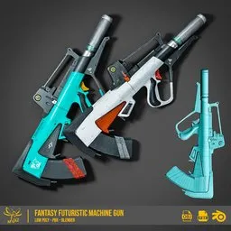 "Fantasy Futuristic Machine Gun: Game-Ready Low Poly Model with 8K PBR Textures in Two Color Variants. Perfect for Military Sci-Fi and Cyberpunk Themed Projects. Created with Blender 3D Software."