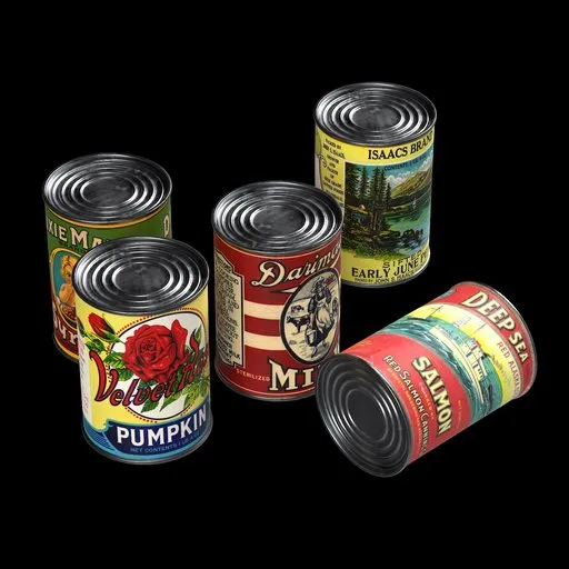 Assorted 3D canned food models with high-resolution textures for Blender graphics and animation.