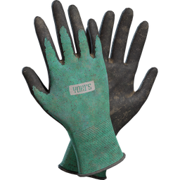 Realistic textured 3D model of green garden gloves with dirt details, suitable for Blender rendering.