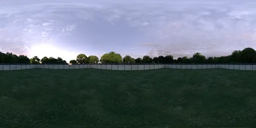 360-degree garden HDR panorama for realistic scene lighting, featuring early morning light and a surrounding fence.