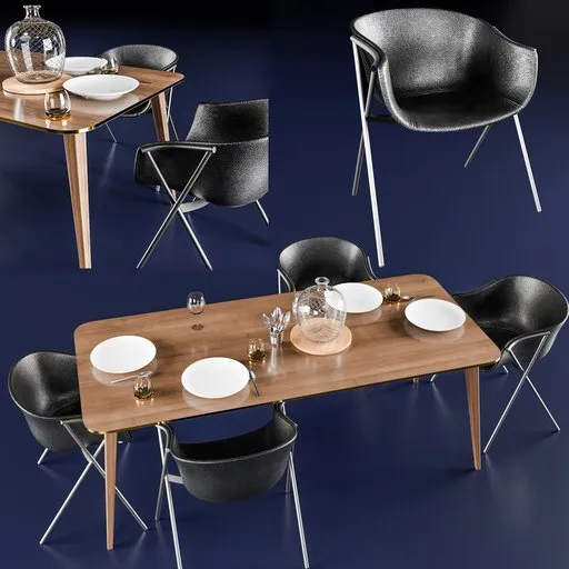Detailed 3D table model with place settings and modern chairs, ideal for close-up renders in Blender Cycles, showcasing low-poly but high-quality design.