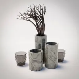 "Grey porcelain vase set with marbled veins, featuring a decorative plant. Perfect for retail design and art projects. Available as a separate game asset. Created with Blender 3D software."