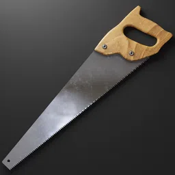Detailed 3D model render of a hand saw for Blender, showcasing realistic textures and low poly design.