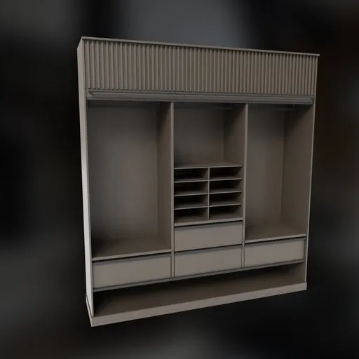 Realistic 3D wardrobe model with shelves and compartments, for Blender rendering and animation.