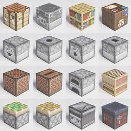 Variety of Minecraft-style 3D model blocks for Blender, showcasing crafting and mechanical textures.