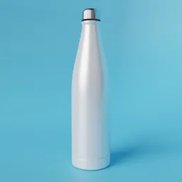 "Industrial container 3D model of a white water bottle with a black lid, perfect for Blender 3D scenes. Detailed body and face, including a short spout, and a very long neck. Rendered on a blue background with surface blemishes for added realism."