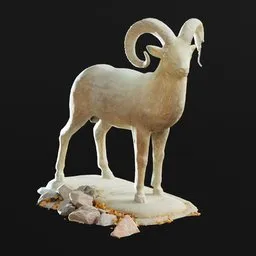 "Stylized sculptural depiction of a mountain ram on a rock, made in Blender 3D with 8k textures and a monochrome, painterly style. Albino with a brass beak, creating a unique and captivating artwork."