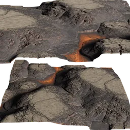 Detailed 3D volcanic landscape with lava flows and rugged terrain, suitable for Blender rendering and animation.