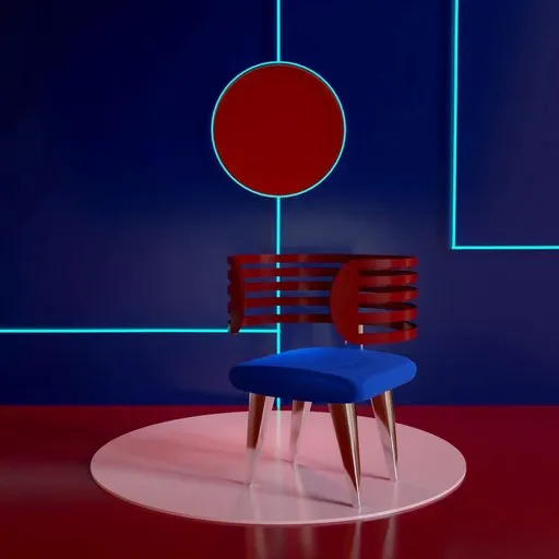 Futuristic 3D modeled sci-fi chair with neon accents in a stylized fantasy Blender scene.