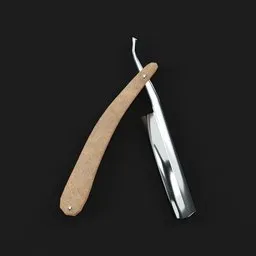 "Beautiful and realistic 3D model of a straight razor with a wooden handle, perfect for product design. This high-quality Blender 3D model showcases smooth curves and a sharp design, ideal for creating stunning visuals and designs in art and aesthetics."