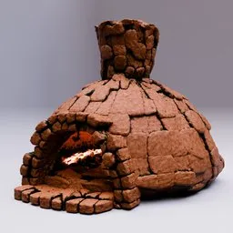 3D Blender model of a rustic stone oven with firewood and chimney, showcasing procedural materials and real-world scale.