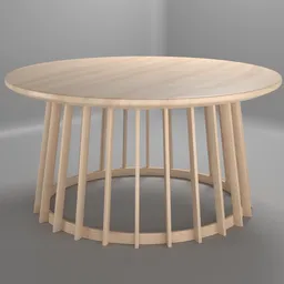 Circular wooden coffee table 3D model with slatted base designed for Blender rendering.