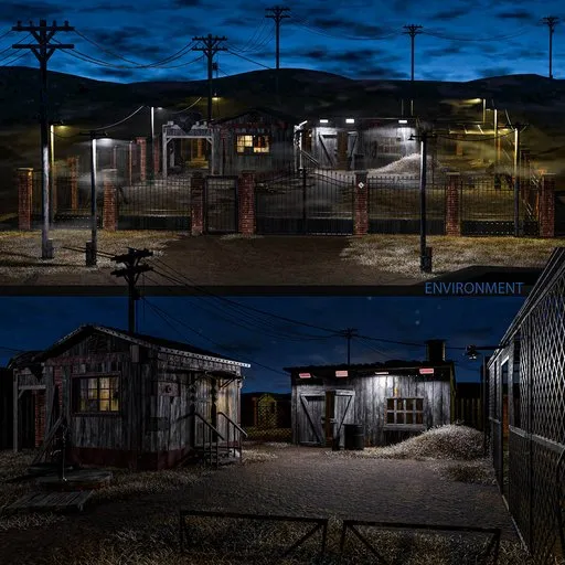 Detailed rural Blender 3D night scene with house, barn, barrels, wheelbarrows, and high-voltage poles.
