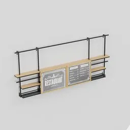 "Metal storage shelf with menu board for restaurant or bar scenes in Blender 3D. Monochrome Soviet bus stop style 3D model, suitable for DIY venues serving racks of ribs. Trending on ArtStation under Behaelterverfolgung with a Bauhaus-inspired aesthetic and awnings. Model by エリサヘス s from AcquaModels."