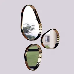 Set of three oval and circular 3D-modeled mirrors with reflective golden frames, designed for Blender rendering.