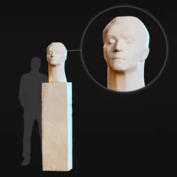 "Optimized 3D model of "Inspired Man" sculpture for Blender 3D with 8k textures and artist's impression of featureless face shown in volumetric outdoor lighting."