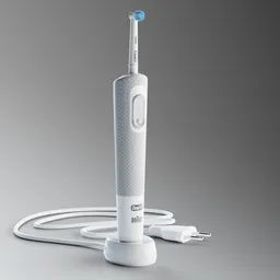 "High-quality Braun electric toothbrush 3D model for Blender 3D users. Inspired by Franz Fedier, it features symmetrical mechanical details and a detailed mouth. Connected to a charger and illuminated with global HDRI lighting for a realistic touch."