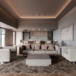 3D-rendered modern minimalist living room in grayscale for creative visualization.