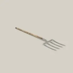 "Vintage pitchfork with wooden handle, ideal for farming and gardening – 3D model for Blender 3D. Perfect for rustic and medieval scenes, with a touch of realism and detail. Get it now on BlenderKit."