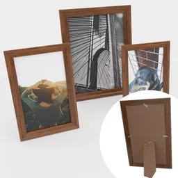 "Set of 3 dog portraits and a bridge painting in a 3D flat layered paper shadow box, with pinned joints and hyperrealistic shading on canvas frames. Customizable with your own "picture" material. Blender 3D model in the painting category."