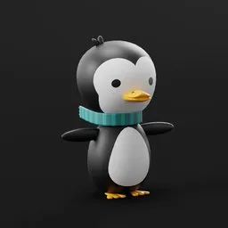 "Cartoon penguin wearing a scarf, rendered in Blender 3D. This low-poly bird model is perfect for creating captivating animations showcasing the polar environment. Ideal for Blender 3D enthusiasts searching for high-quality 3D models for their projects."